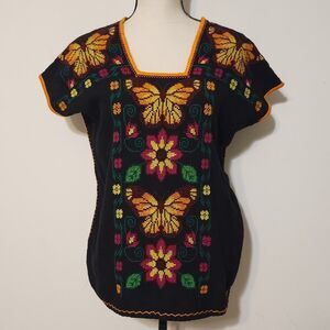 Mexican Needlepoint Huanango Michoacana Blusa Monarch Butterfly Top Sz L